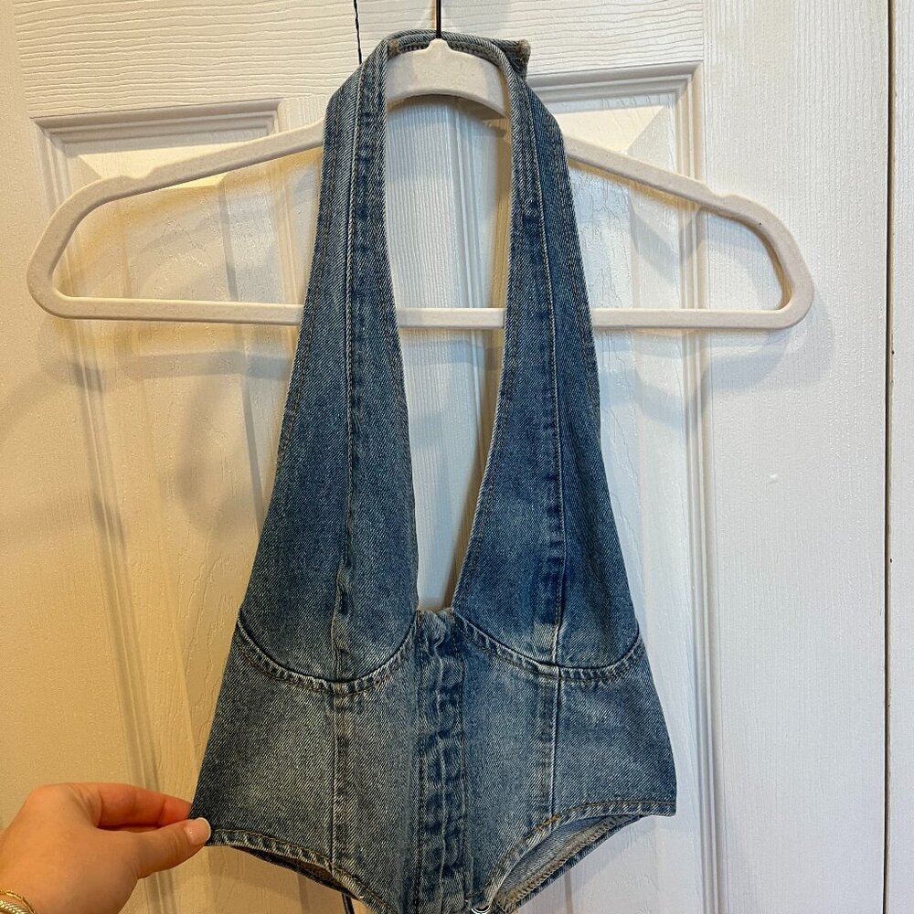 Katrina Lace Up Denim Corset Top - Edikted